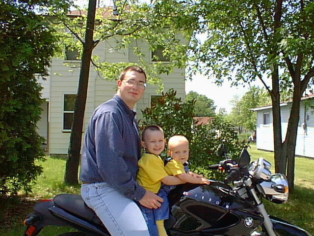 Timmy and Elijah on Daddy's new 2002 BMW R1150R.