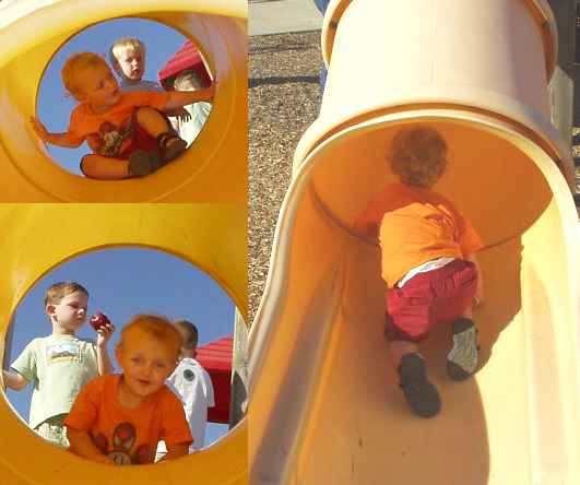 He did end up going down the slide the right way :)