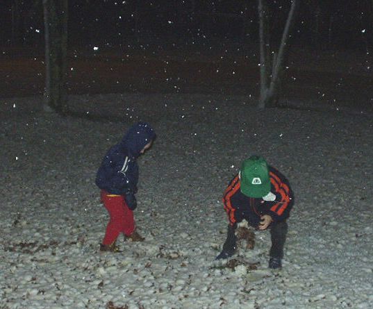 The boys had fun playing in the snow before going to bed.