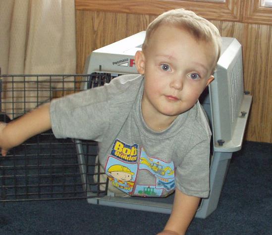 I have a picture of Elijah in the pet taxi...but, I thought if I put it up on this site that I might get in trouble. So, here is Elijah backing into the cage :)