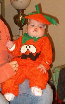 Mary as a pumpkin. (Timothy wore this his first Halloween)