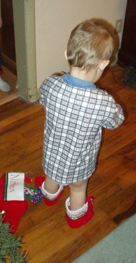 Elijah finally has the stockings on.