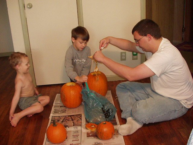 It is hard work getting all of the pumpkin guts out!
