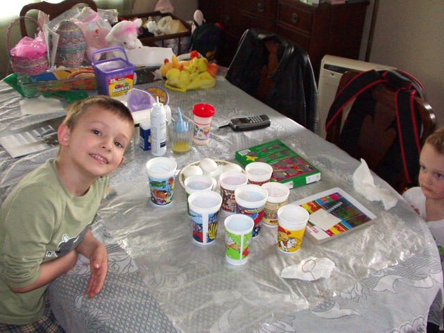 The boys were getting ready to color eggs. As you can see, the kids had a nice Easter.