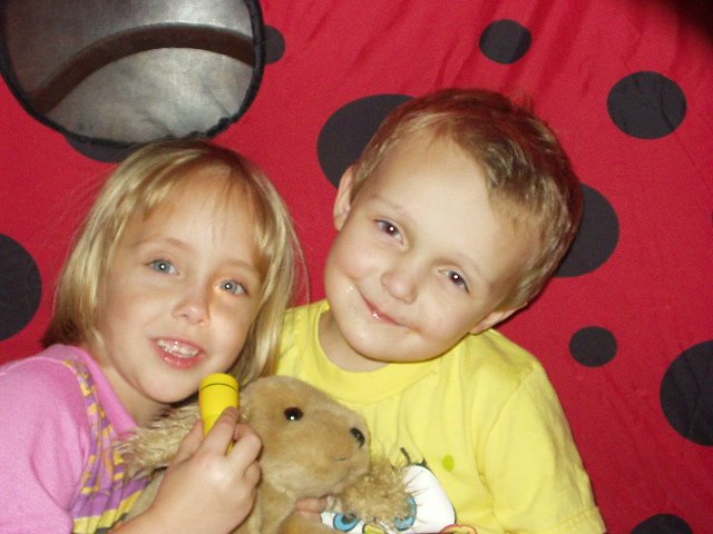 Becca and Elijah slept (haha) in the lady bug tent from Grandma Tena.