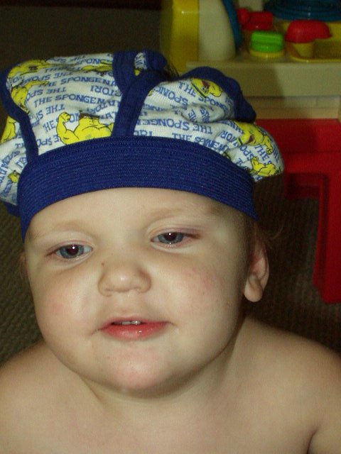 Abigail is sporting Elijah's new underware as a hat!