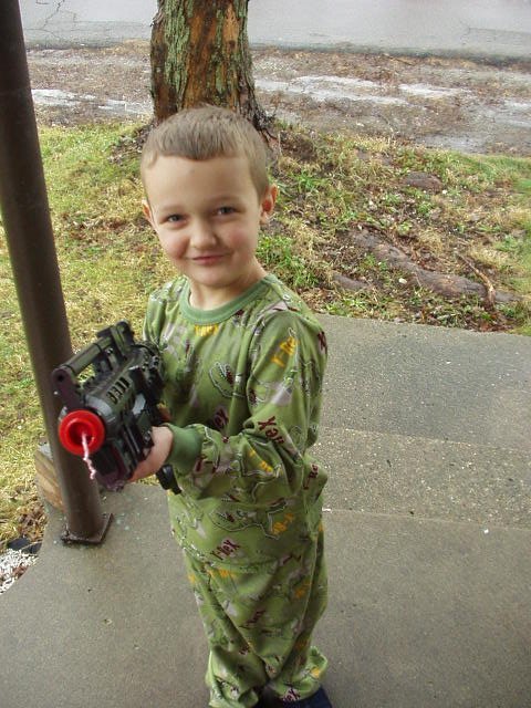 I love this gun! Mommy will only let me shoot it outside :( Wonder why?? :)