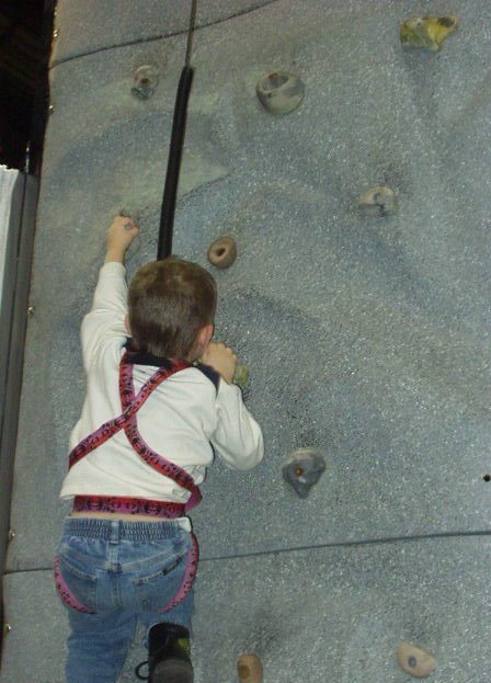 Elijah is climbing the rock wall!! He had a blast!!