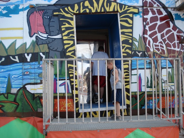 Elijah was a little leery of going through the moving doorway.