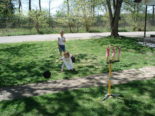 Abby had the bowling part down pat, but I'm not sure about the frisbee part.