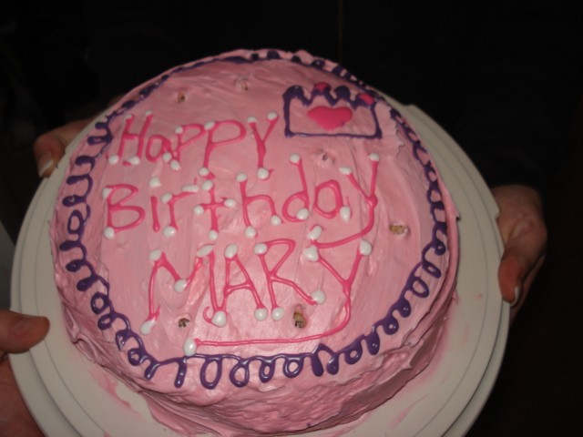 Happy Birthday Mary!  We all love you!  (Note, don't let Dad pick out the decorative icing.. because apparently they sell food coloring in gel tubes.. who'da knew??)