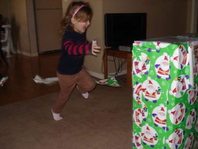 Abby jumped in the air after she got enough paper torn off to see what it was :)