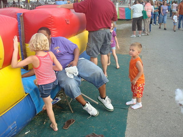 Re-run was tightly regulating the traffic flow on the bouncy slide.